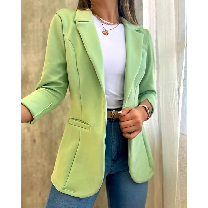 Women's Blazer Comfortable Pocket Elegant Fashion Outdoor Plain Going out Casual Daily Weekend Cardigan Regular Lapel Regular Fit Long Sleeve Outerwear White Yellow Light Green Spring Fall3
