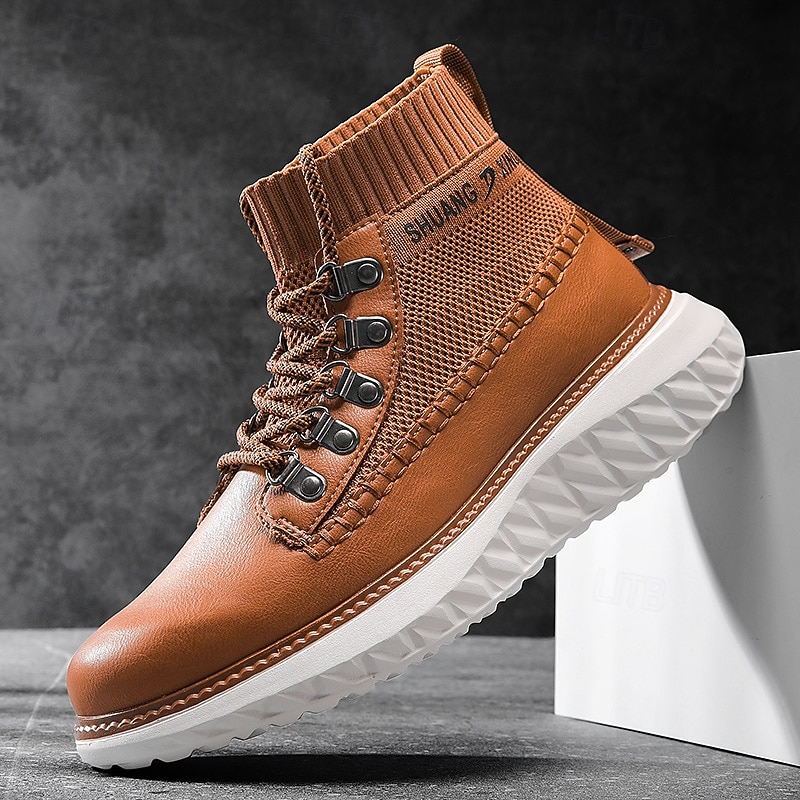 Men's Brown Faux Leather High-Top Sneakers with Knitted Ankle Design – Comfortable Lace-Up Casual Boots for Fall, Winter and Outdoor Streetwear