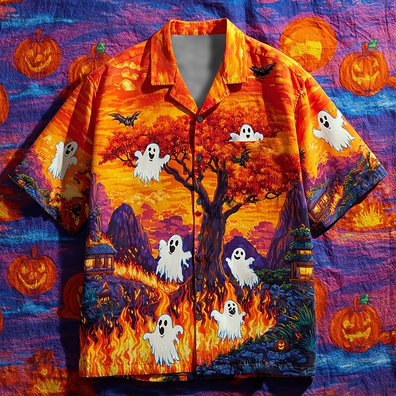 Halloween Men's Ghost Bat Fire Shirt Cuban Collar Shirt Button Up Shirt Short Sleeve Dark Punk Gothic Style Holiday Streetwear Summer Camp Collar Shirt 3D Print Blue Orange Green