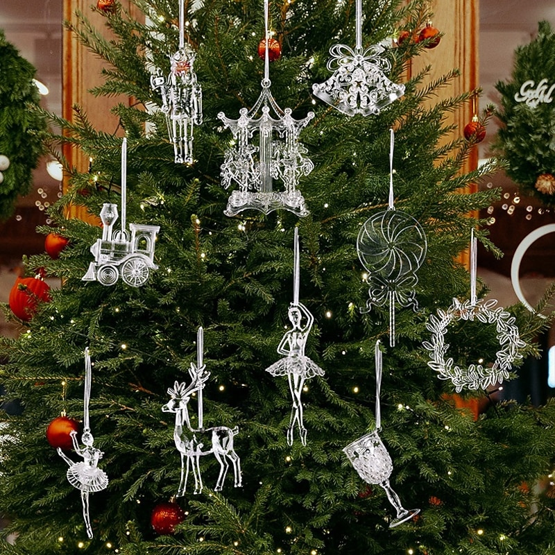 10PCS Christmas Crystal Ornaments, Acrylic Angel & Bell Hanging Decorations, Transparent Christmas Tree Ornaments for Holiday Party Home Decor