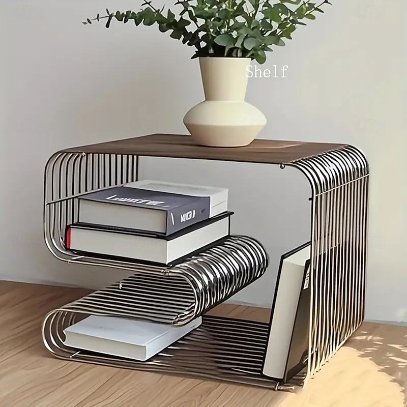 Integrated Sofa Corner Table Small Square Metal Silver Edge Table Geometric Pattern Bookshelf Magazine Rack Wall Mounted Living Room Storage Rack Multifunctional Modern Coffee Table Suitable for Sofas2