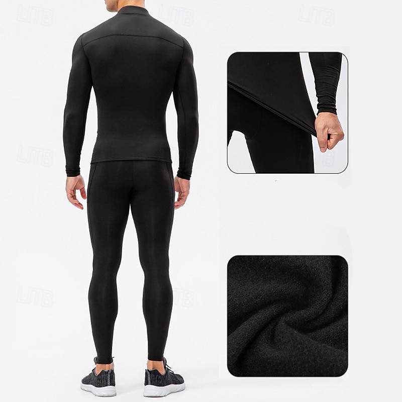 Men's Workout Suits Base Layer Top & Bottom 2 Piece Sports Set with Fleece Lined Solid Colored Clothing Suit Fall & Winter Black White Spandex Gym Basketball Athletic High Waist Quick Dry Warm2