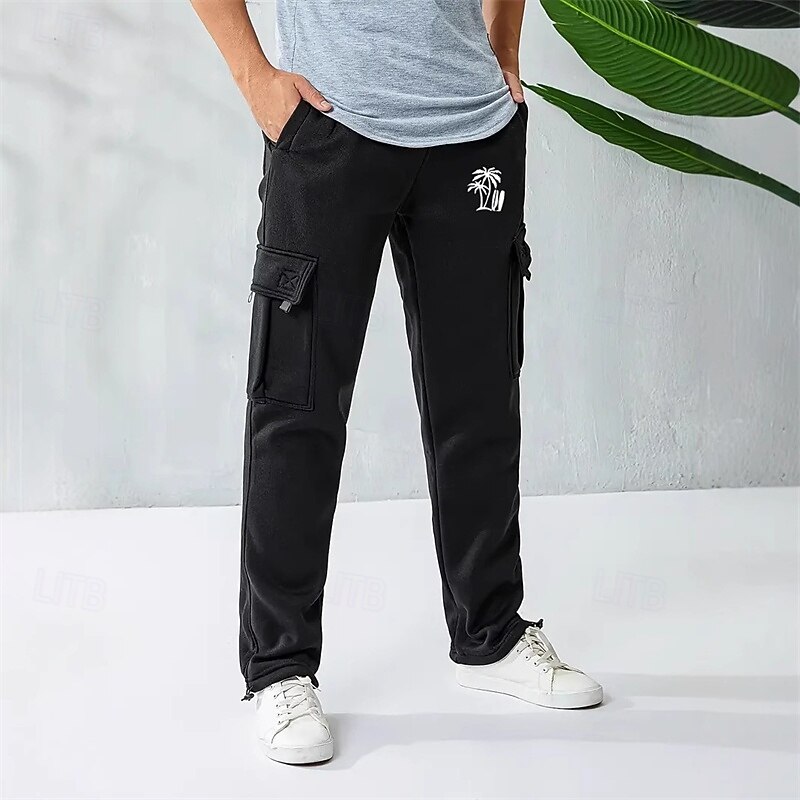 Men's Sweatpants Trousers Cargo Sweatpants Straight Leg Sweatpants Drawstring Elastic Waist Multi Pocket Coconut Tree Comfort Sports Outdoor Daily Fashion Casual Black Red Micro-elastic3