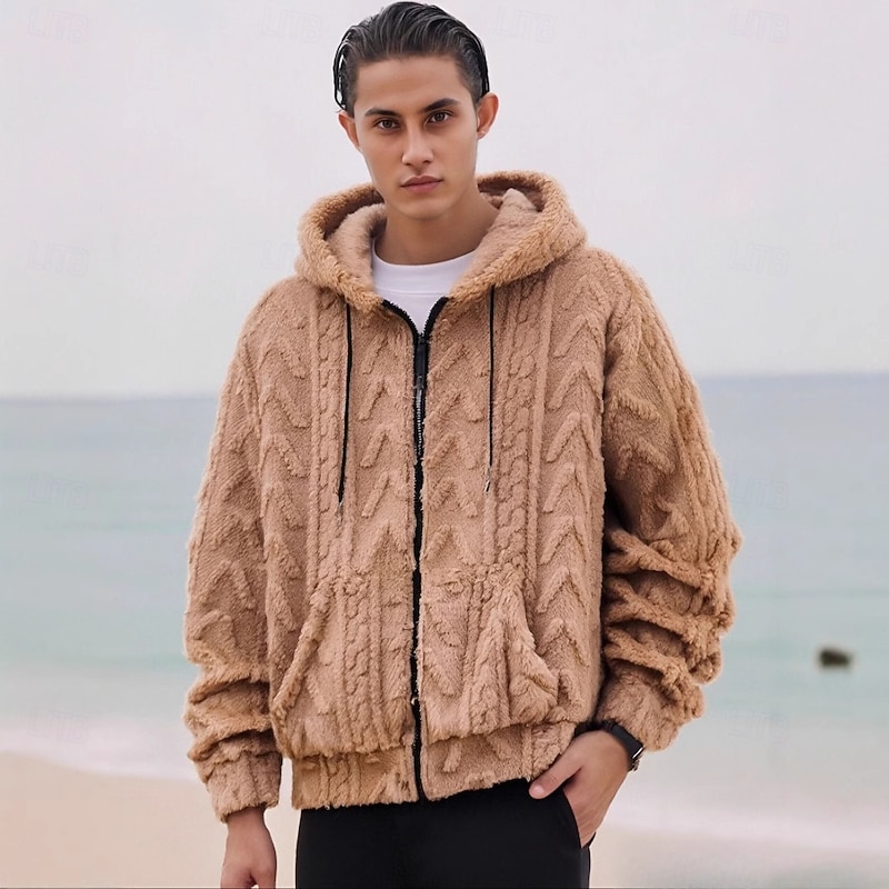 Men's Flannel Fleece Jacket Formal Home Warm Pocket Fall Winter Solid Color Textured Active Neutral Hooded Regular Black Khaki Gray Jacket2