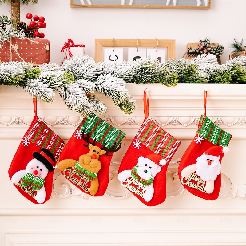 4Pcs Christmas Stockings, Cartoon Santa Claus Letter Socks, Kids Gift Candy Bags, Striped Christmas Tree Hanging Ornaments with Bells