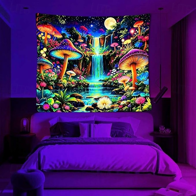 Glow in the Dark Mushroom Forest Tapestry – Psychedelic Blacklight Wall Hanging with Waterfall and Moon for Bedroom or Living Room Decor3