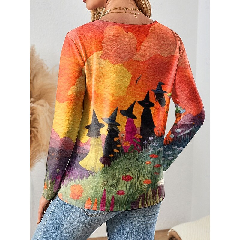 Halloween Women's T shirt Witch Graphic Vintage Fashion Stylish Long Sleeve Crew Neck Regular Tops Daily Print Yellow Blue Orange Green Fall Winter2