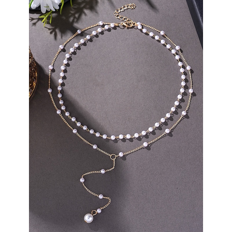 Women's Layered Pearl Pendant Necklace – Elegant Gold-Tone Alloy Chain with Imitation Pearl Accents for Formal Events, Weddings and Evening Parties4