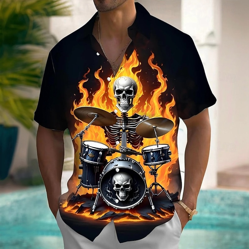 Halloween Men's Skull Flame Halloween Costumes Shirt Button Up Shirt Short Sleeve Dark Gothic Style Holiday Summer Spring Turndown 3D Print Collared Shirts Front One Pocket Black