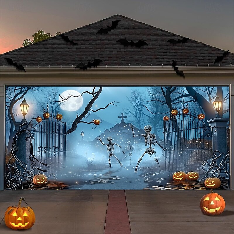 Halloween Garage Door Cover Dancing Skeletons Banner Cemetery Gate Scene with Pumpkin Lanterns Spooky Haunted Graveyard Backdrop Tapestry for Outdoor Decoration4