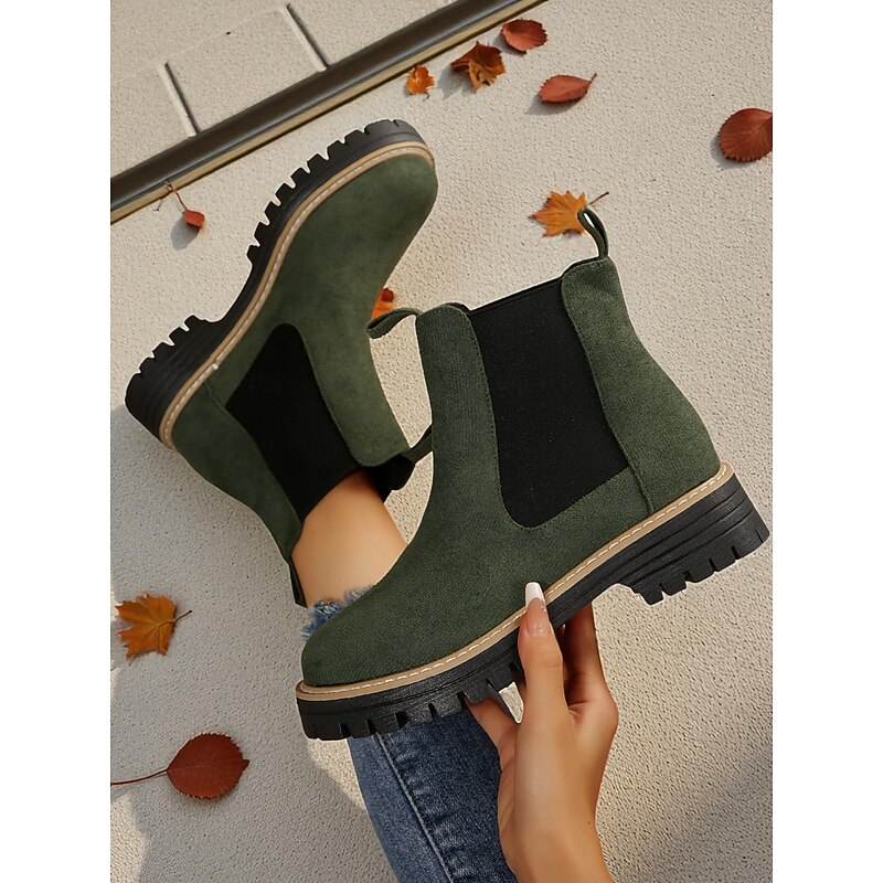 Women's Green Faux Suede Chelsea Ankle Boots – Slip-On Elastic Side Panel, Chunky Lug Sole, Casual Outdoor & Travel Footwear4