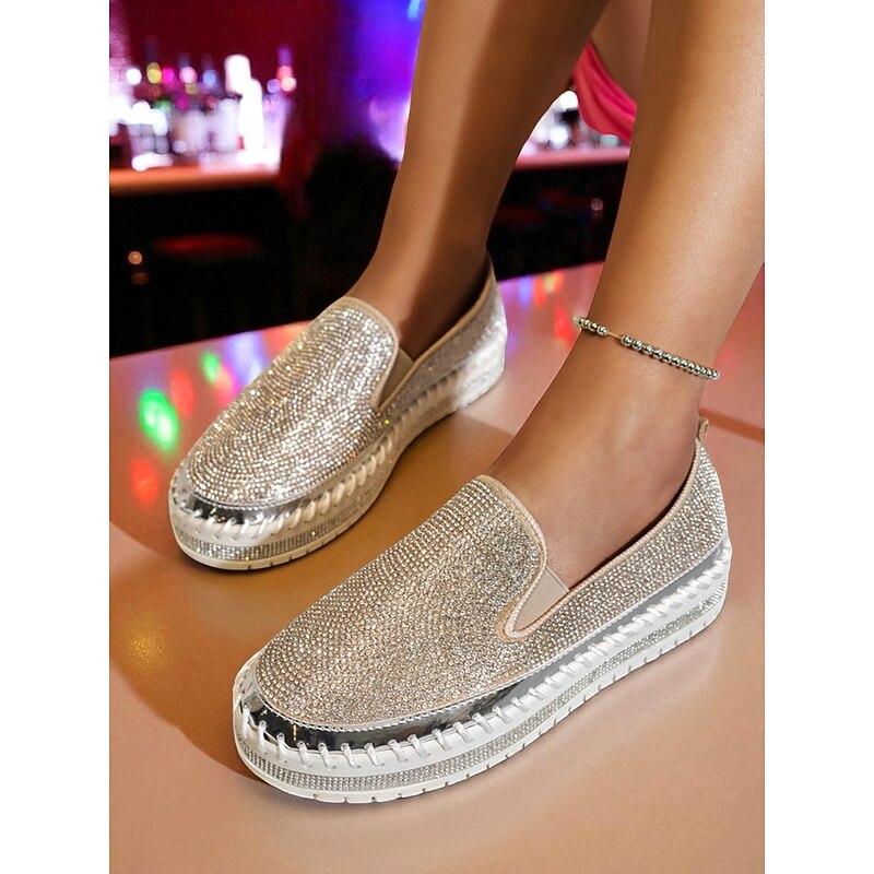 Women's Rhinestone Slip-On Platform Sneakers Sparkly Casual Party Shoes for Nightlife and Club Outfits