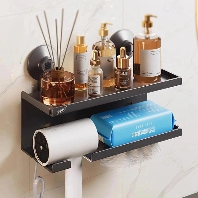 Suction Cup Hair Dryer Storage Organizer with Shelf for Bathroom. Reusable, Rustproof, Wall Mounted. No Drill, No Glue, Nail Free2