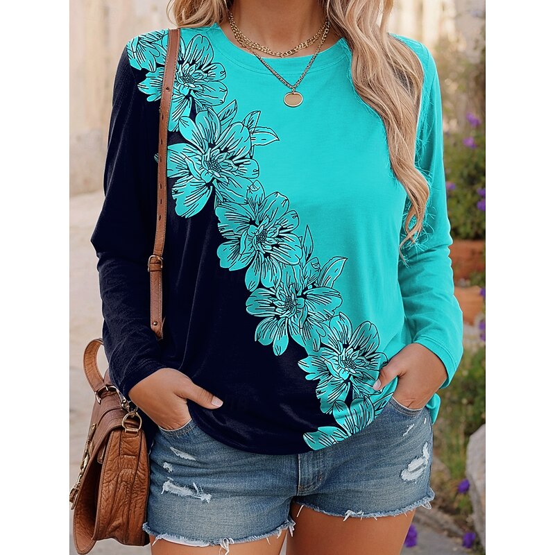 Women's Plus Size Tops T Shirt Floral Geometry Print Long Sleeve Crew Neck Casual Daily Polyester Fall Winter Yellow Red
