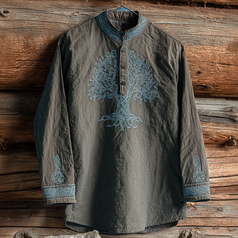 Men's Tree Of Life Shirt Henley Shirt Stand Collar Shirt Long Sleeve Vintage Retro Vacation Casual Summer Spring Mandarin Buttons Linen Like Shirt Purple Brown Green Gray3
