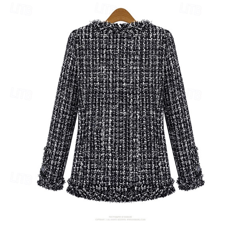 Women's Winter Coat Warm Comfortable Pocket Buttons Fashion Houndstooth Outdoor Holiday Going out Single Breasted Regular Crewneck Regular Fit Long Sleeve Outerwear Black Fall Winter2