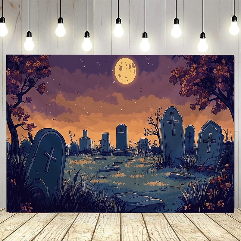 Halloween Photograph Backdrop Tapestry, Gloomy Cemetery, Pumpkin Lantern, and Full Moon Scenery Wall Hanging, Large Decorative Mural for Bedroom, Living Room, Party, and Home Decoration3