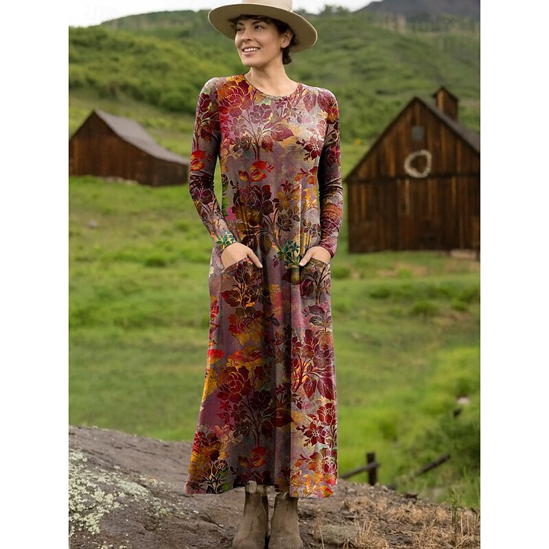 Women's Maxi Dress Sheath Dress T Shirt Dress Tee Dress Vacation Casual Daily Going out Loose Fit Floral Graphic Long Sleeve Crew Neck Red Blue Purple Green Spring Fall Winter
