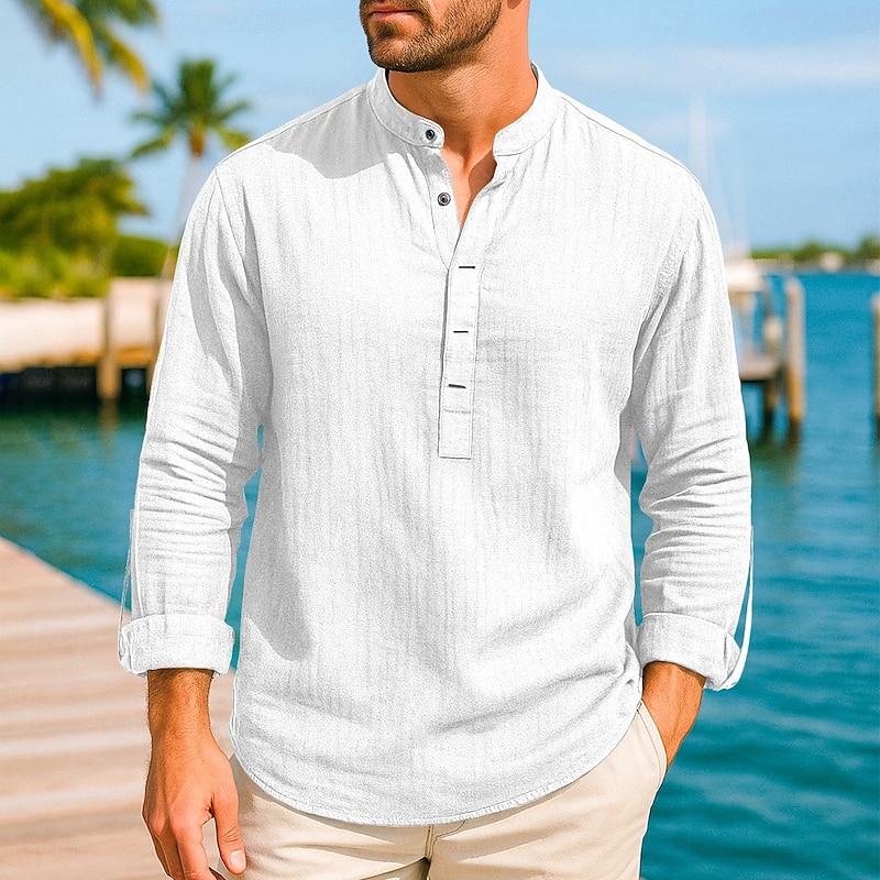 Men's Shirt Linen Shirt Popover Shirt Summer Shirt Beach Shirt Solid Color Vacation Casual White Navy Blue Brown Light Blue Long Sleeve Henley Summer Spring Clothing Apparel