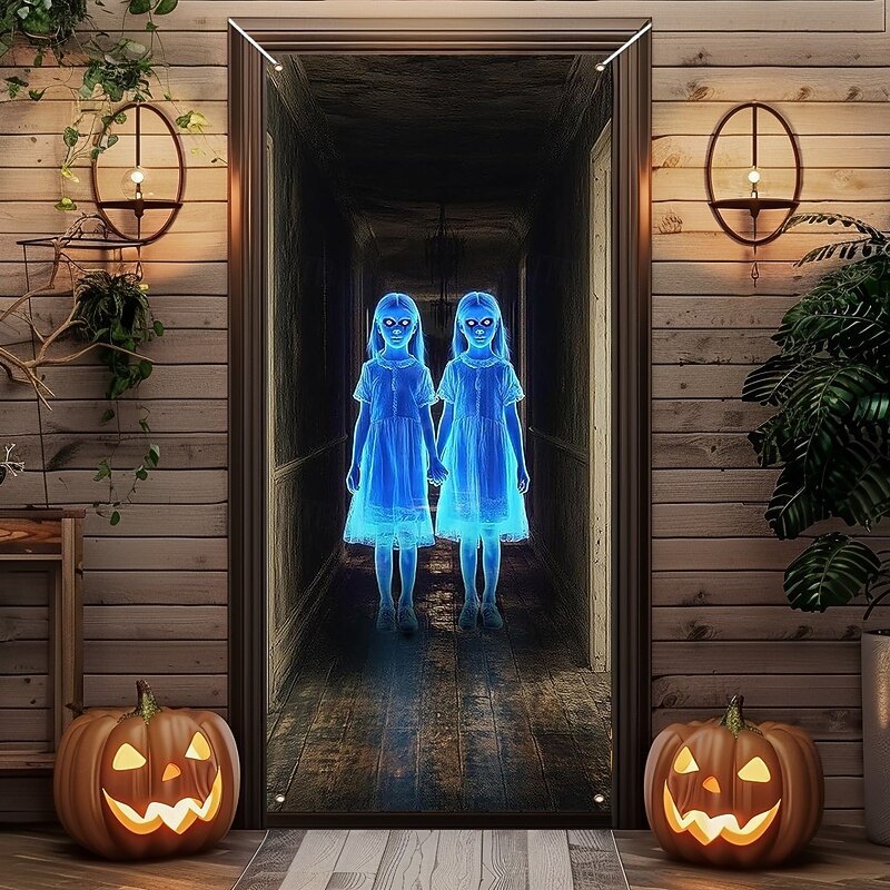 Halloween Door Covers Haunted Stairway Creepy Girl Door Curtain Decoration Backdrop Door Banner for Front Door Farmhouse 2025 Halloween Holiday Party Indoor Outdoor Decor Supplies3