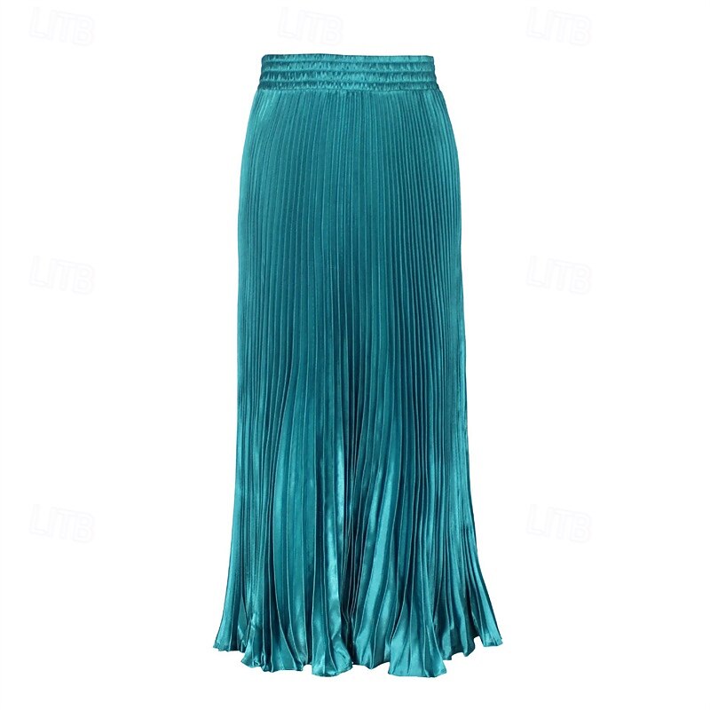 Women's Skirt A Line Fashion Casual Maxi High Waist Skirts Plain Pleated Micro-elastic Casual Daily Weekend Peacock Blue Violet Blue Dark Green Summer Polyester