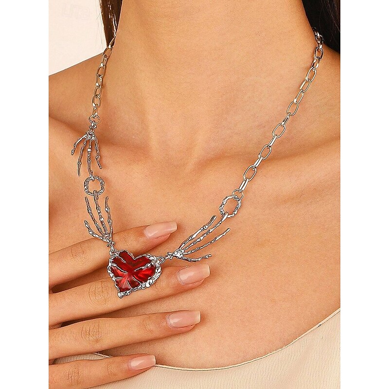 Women's Halloween Skeleton Hand Heart Necklace, Gothic Punk Red Gem Pendant Chain Jewelry for Costume Parties and Cosplay2