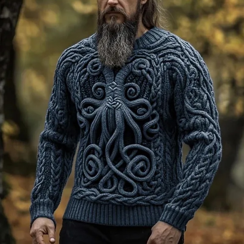 Men's Viking Pullover Sweater Jumper Knitwear Crewneck Retro Vintage Casual Vacation Street Daily 3D Print Knitting Keep Warm Long Sleeve Spring Fall Winter Black Blue Brown