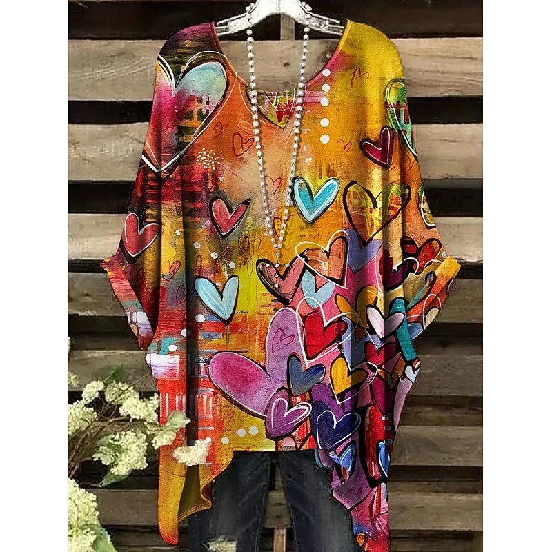 Women's Blouse Graphic Geometric Vintage Daily Casual Half Sleeve Batwing Sleeve Crew Neck Long Tops Daily Holiday Beach Wear Asymmetric Black Yellow Blue Rainbow Summer Spring4