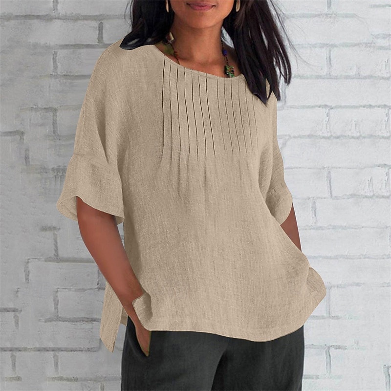 Women's Texture Blouse T Shirt Plain Casual 3/4 Length Sleeve Round Neck Regular Tops Daily Going out Weekend Patchwork Wine Army Green Light Brown Brown Green Fall