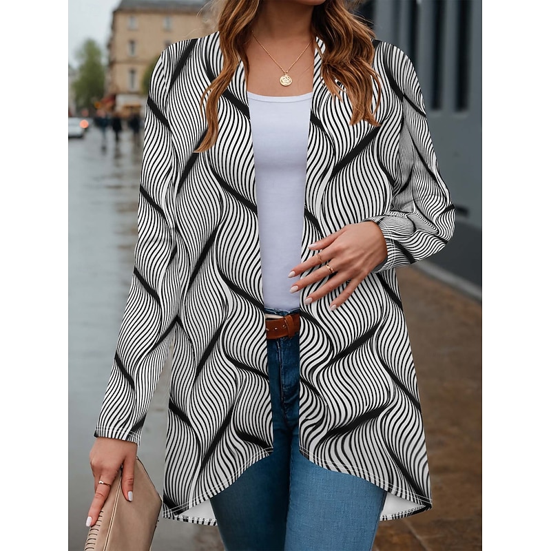 Women's Winter Coat Trench Coat Lightweight Comfortable Print Open Front Vintage Fashion Casual Geometric Vacation Casual Long Collarless Regular Fit Long Sleeve Outerwear Gray Spring Fall3