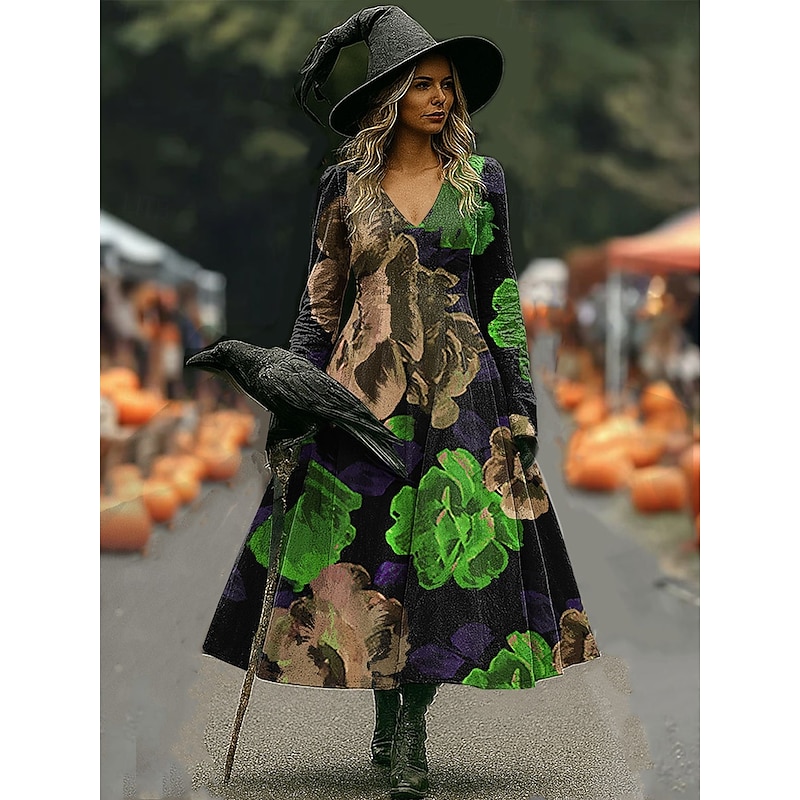 Women's Maxi Dress A Line Dress Vacation Casual Daily Holiday Date Regular Fit Floral Graphic Long Sleeve V Neck Blue Purple Orange Fall Winter3