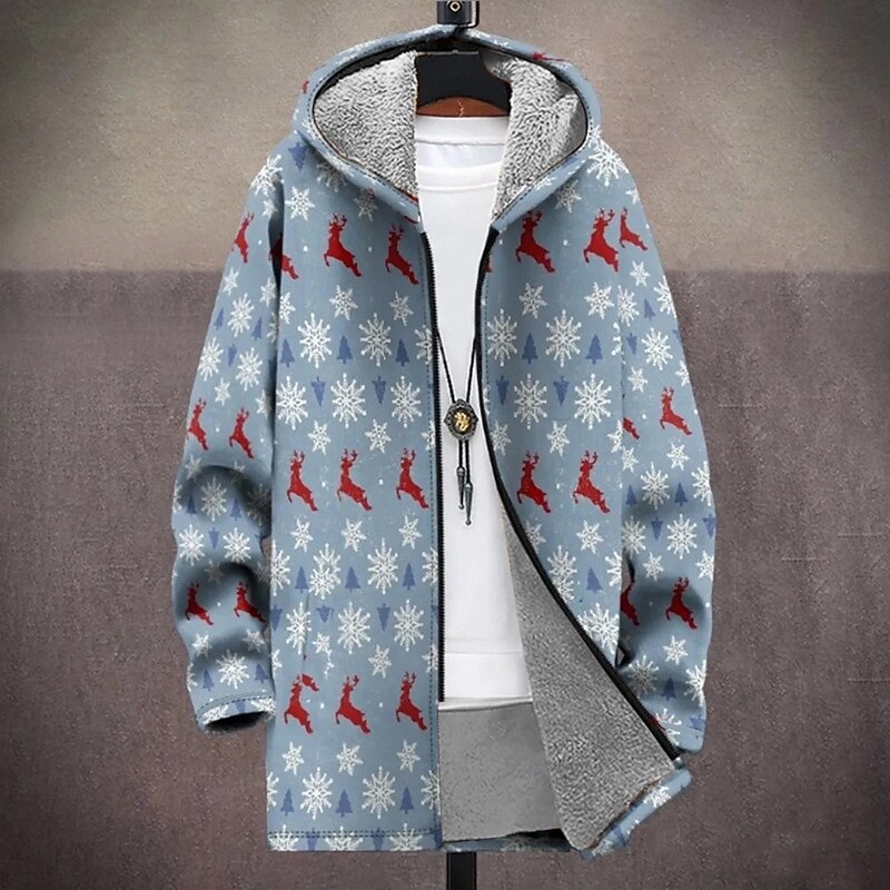 Men's Graphic Snowflake Winter Coat Fleece Jacket Coat Thermal Warm Comfortable Casual Outdoor Vacation Daily Wear Zipper Pocket 3D Print Fall Winter Hooded Long Sleeve Black Red Blue2