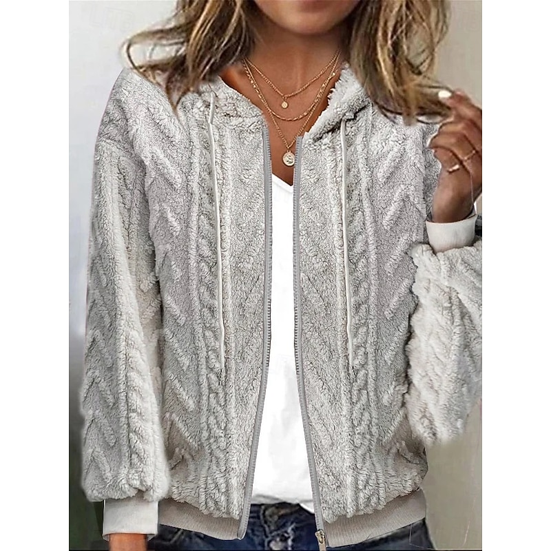 Women's Winter Coat Comfortable Breathable Jacquard Zipper Textured Casual Plain Office Street Casual Daily Wear Zipper Regular Hooded Loose Fit Long Sleeve Outerwear Pink Blue Khaki Spring Fall3