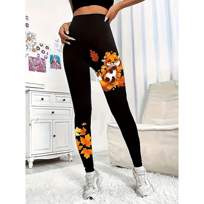 Women's Leggings Vacation Vintage Fashion Full Length High Waist Graphic Leaf Dog Printing Thermal Warm Soft Breathable High Elasticity Outdoor Vacation Street Black Spring Fall Winter Slim Fit3