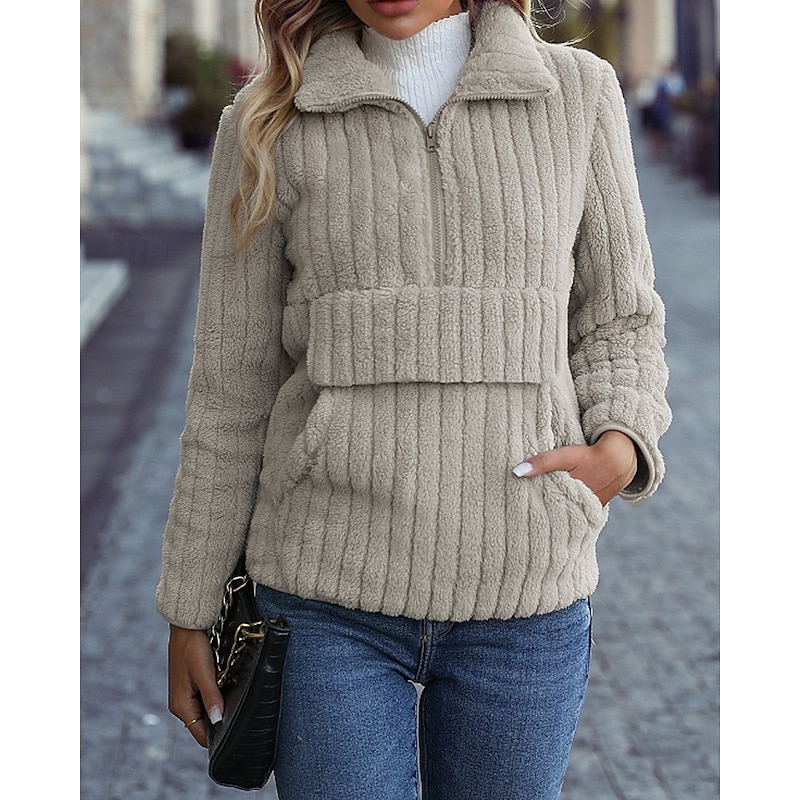 Women's Pullover Sweatshirt Plain Casual Long Sleeve Turtleneck Regular Tops Street Holiday Half Zipper Quarter Zipper Zipper Pocket Khaki Fall Winter