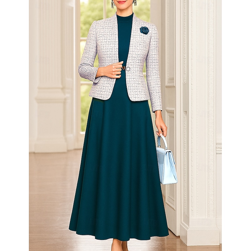Two Piece Dress Sets Mother of the Bride Dress Formal Elegant Tailored Crew Neck Tea Length Woolen Sleeveless Short Jacket Skirts with Flower3