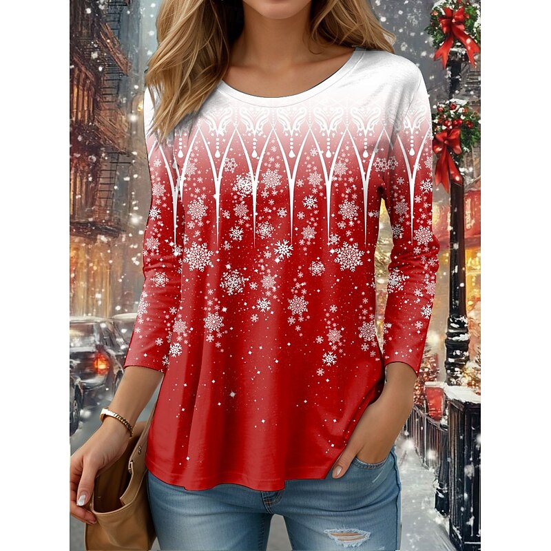 Christmas Women's T Shirt Graphic Snowflake Vintage Fashion Stylish Long Sleeve Crew Neck Regular Tops Daily Weekend Print Red Blue Purple Orange Green Spring Fall Winter2
