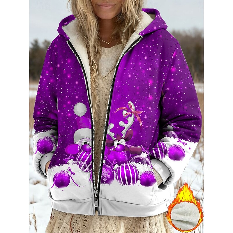 Women's Winter Coat Fleece Jacket Casual Jacket Warm Zipper Pocket Print Fashion Casual Christmas Street Casual Regular Hooded Regular Fit Long Sleeve Outerwear Red Blue Purple Spring Fall3