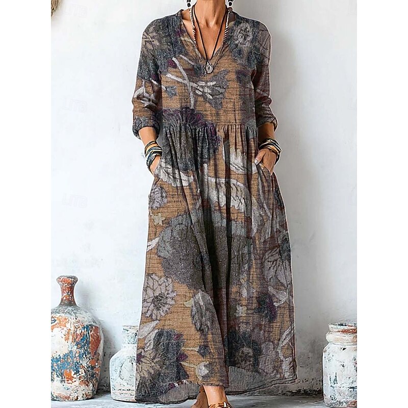 Women's Maxi Dress Sundress Pleated Dress Vacation Casual Boho Going out Beach Graphic Paisley Long Sleeve V Neck Purple Brown Green Gray Spring Fall Winter Autumn4