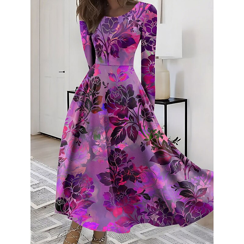 Women's Midi Dress A Line Dress Fit And Flare Dress Vacation Casual Boho Party Daily Going out Regular Fit Floral Graphic Long Sleeve Crew Neck Red Blue Purple Green Summer Spring Fall Winter3