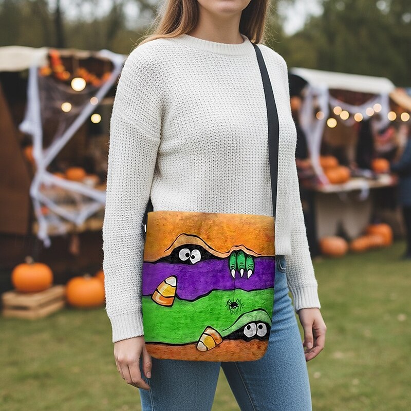 Women's Halloween Crossbody Bag with Candy Corn and Monster Print, Fun Shoulder Handbag for Parties, Festivals, and Daily Use2
