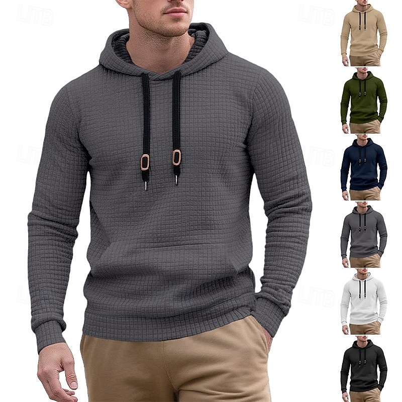 Men's Hoodie Waffle Hoodies Pullover Hoodie Sweatshirt Black Army Green Navy Blue Khaki Light Grey Hooded Plain Patchwork Color Block Textured Sports & Outdoor Casual Daily Streetwear Cool Sportswear
