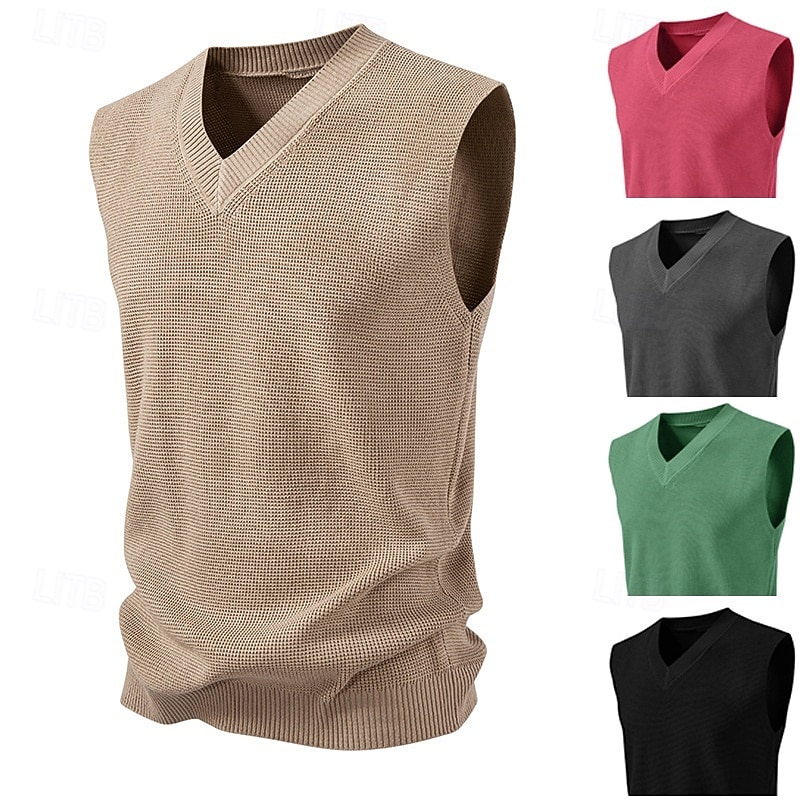 Men's Sweater Sweater Vest Pullover Sweater Jumper Ribbed Knit Regular Tops Knitted Slim Fit Plain V Neck Knitwear Contemporary Casual Daily Wear Clothing Apparel Spring &  Fall Black Pink M L XL