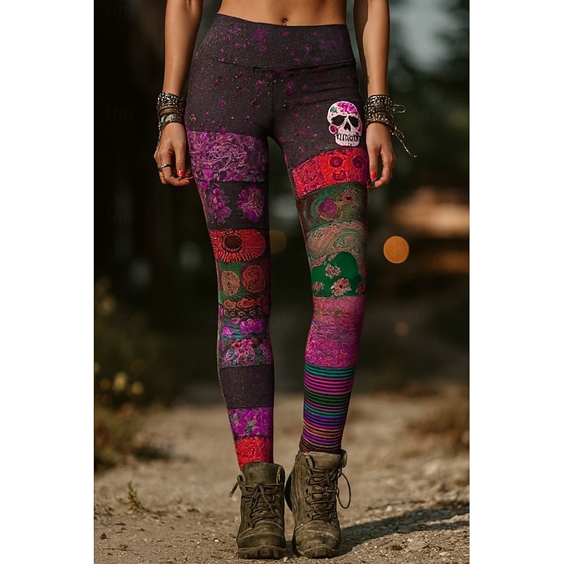 Women's Leggings Vacation Vintage Ethnic Style Full Length High WaistPantsHalloween Graphic Skull Monster Drawstring Patchwork 3D Print Quick Dry Breathability Soft Stretchy Formal Outdoor Vacation3