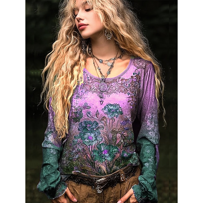 Women's Plus Size T Shirt Floral Graphic Plants Basic Long Sleeve Crew Neck Regular Tops Daily Going out Weekend Print Purple Orange Green Summer Spring Fall2
