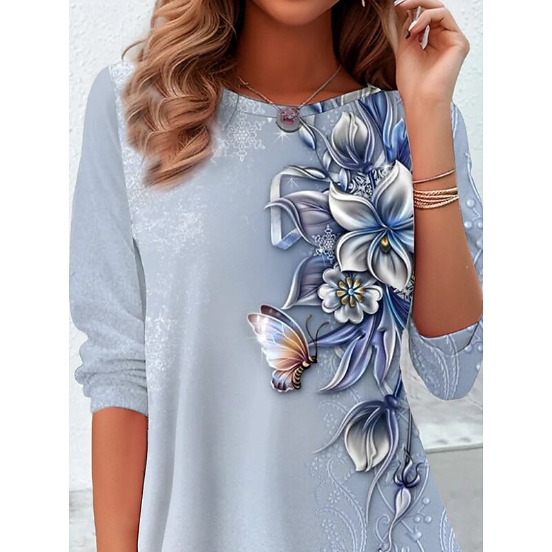 Women's T Shirt Floral Graphic Vintage Stylish Classic Long Sleeve Crew Neck Round Neck Regular Tops Daily Print Dusty Blue Spring Fall Winter2