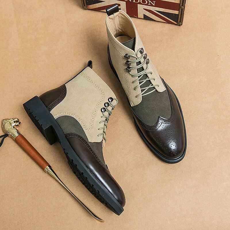 Men's Tan and Olive Green Faux Leather Hiking Boots with Durable Outsole, Ideal for Outdoor Adventures, Hiking and Casual Outings3