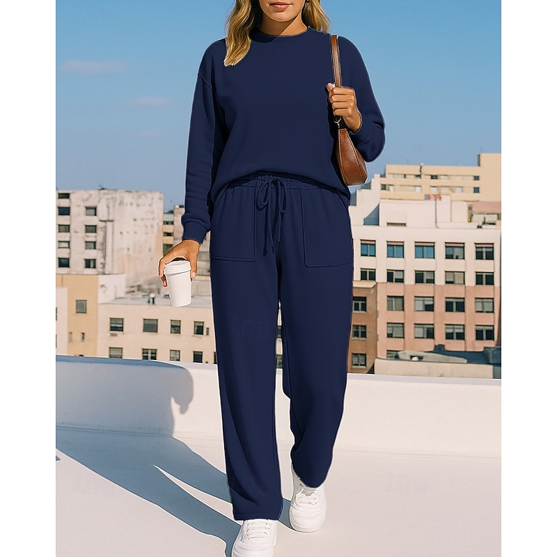 Women's 2 Piece Tracksuit Pullover Sweatshirt Sweatsuit Sets Drawstring with Pocket Solid Colored Clothing Suit Fall Black Khaki Workout Outdoor Travel High Waist Lightweight Fashion Long Sleeve Sport4