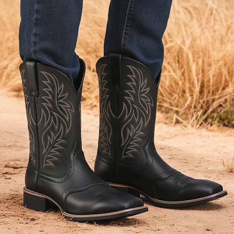 Men's Brown Western Cowboy Boots with Embroidered Shaft, Durable Faux Leather for Ranch and Casual Wear