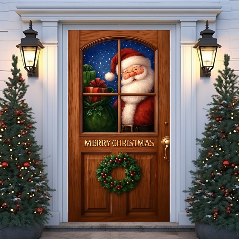 Christmas Door Cover, Santa Claus Holding Gift Sack Holiday Door Curtain, 2025 Xmas Festive Door Hanging for Porch Entryway Party Home Decoration